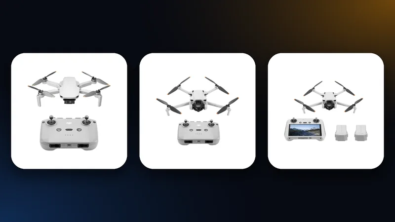 DJI Mini 4K with controller, DJI Mini 3 with the RC-N1 and the Mini 3 Fly More Combo